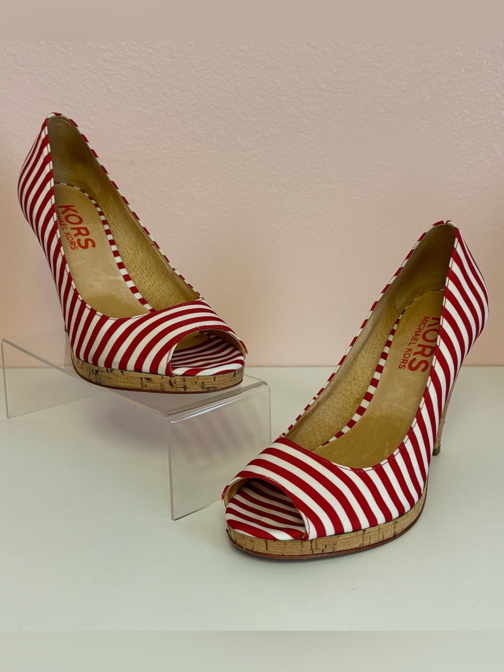 Michael Kors Red & White Striped Wedge Pumps